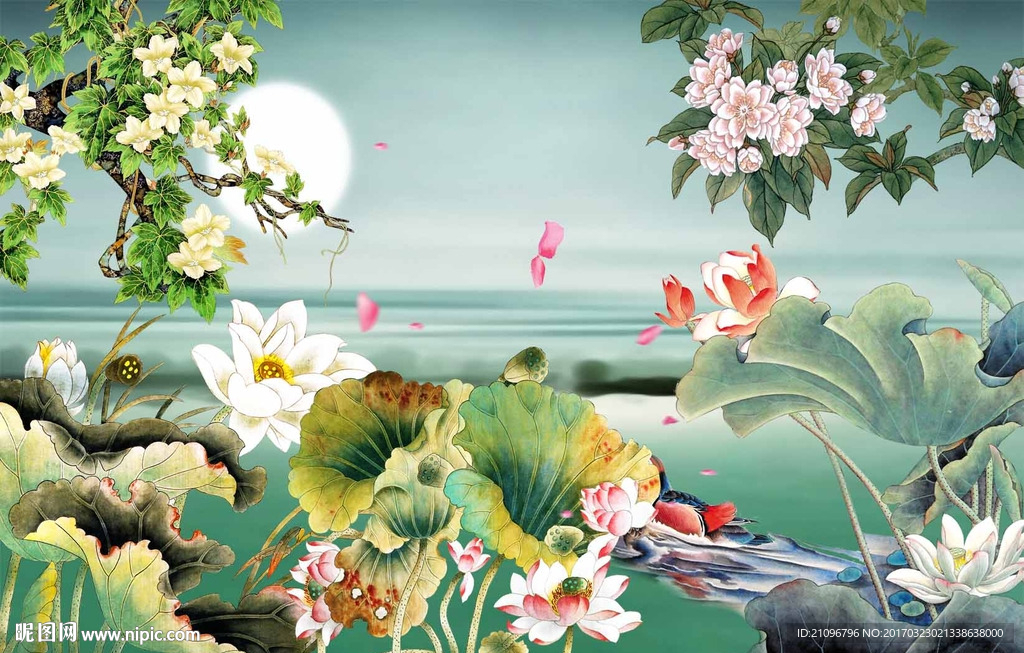 中式荷花背景墙