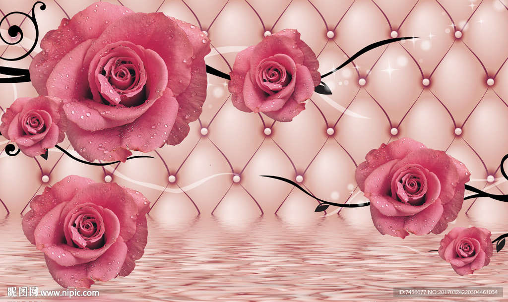 水中玫瑰花唯美软包背景墙