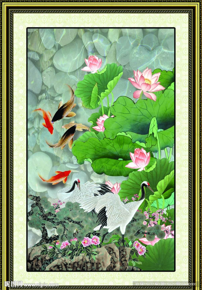 荷花仙鹤图