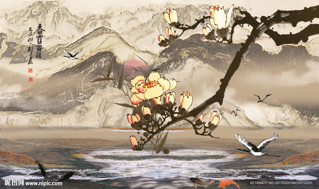 水墨山脉兰花唯美立体背景墙