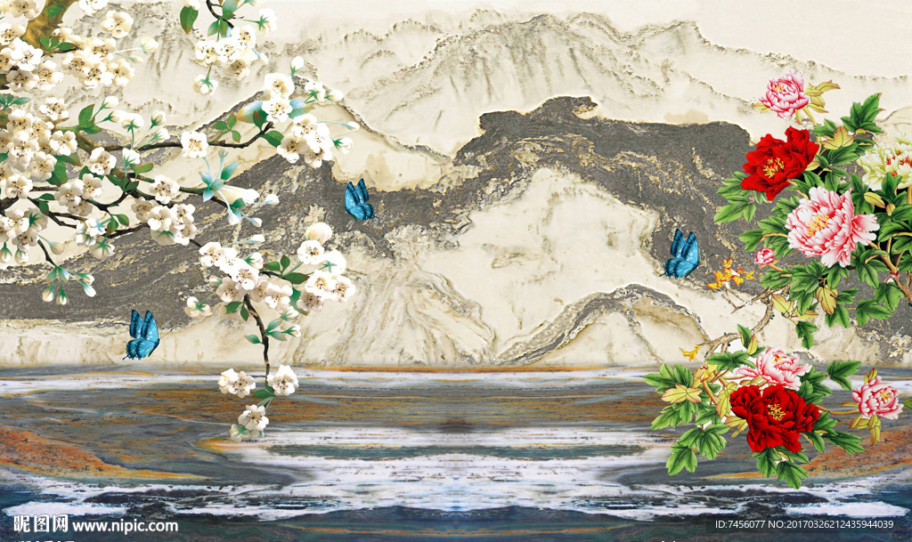 蝶恋花水墨大理石中式背景墙