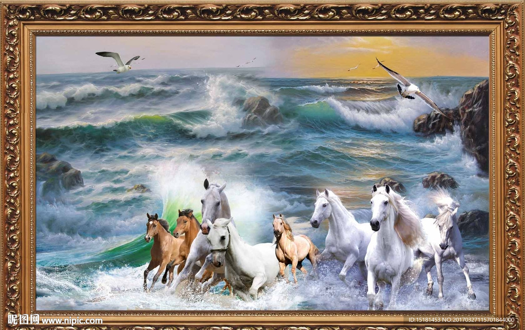 山水风景八骏图