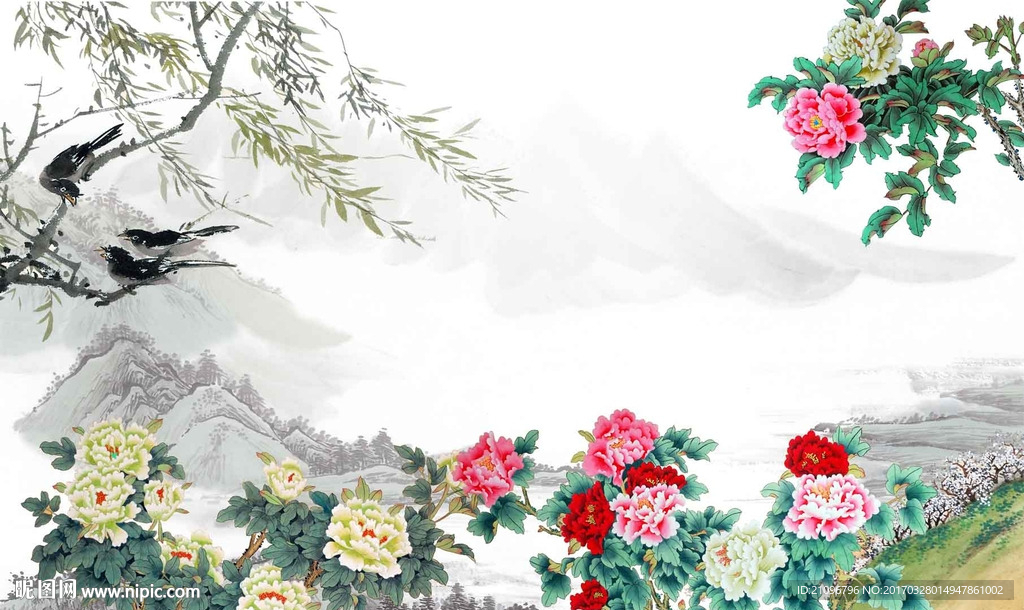 国画牡丹背景墙