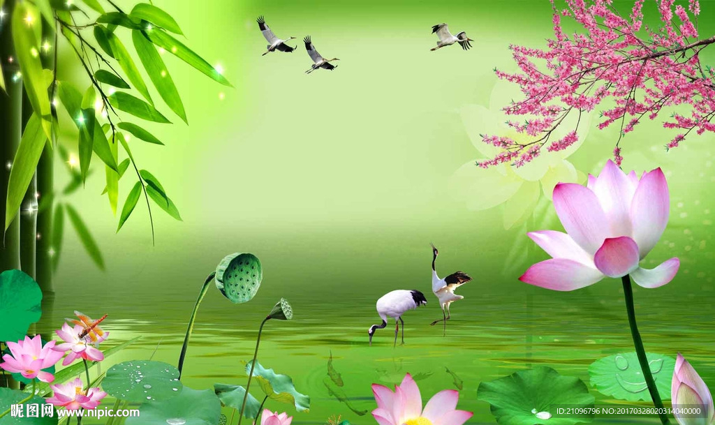 中式荷花背景墙