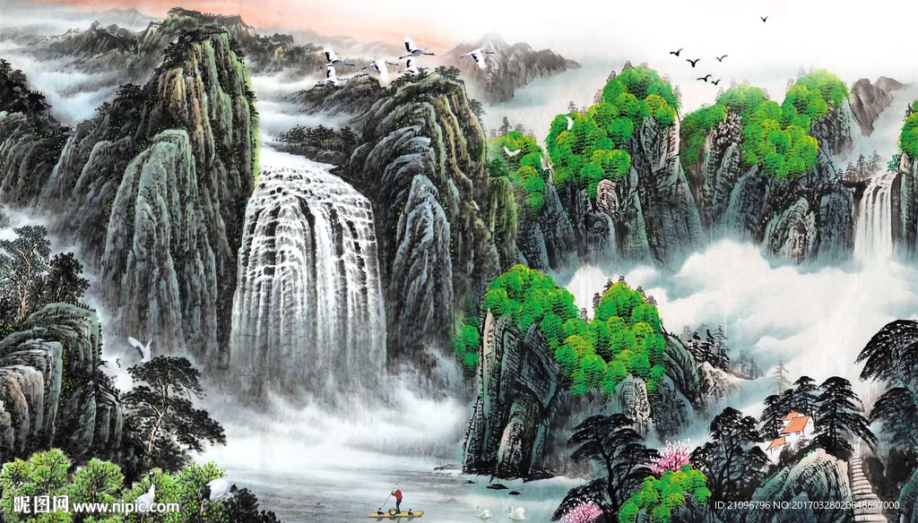 山水国画电视背景墙