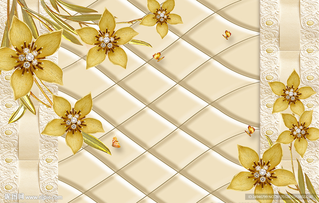 3D时尚软包金色花朵影视背景墙
