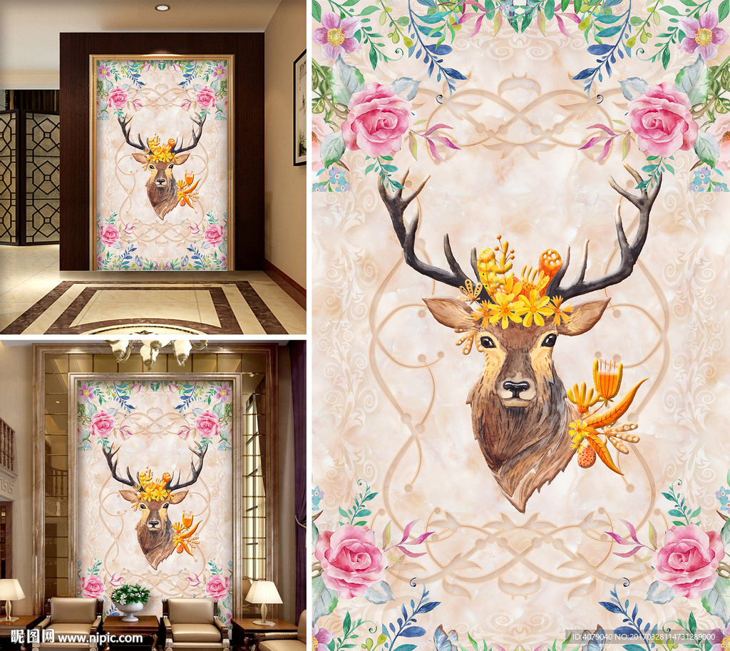 田园花卉麋鹿大理石玄关背景墙