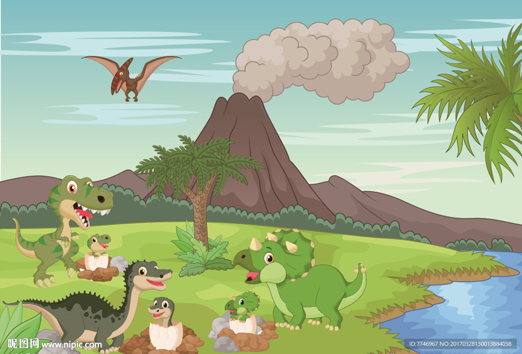 火山边的一群恐龙