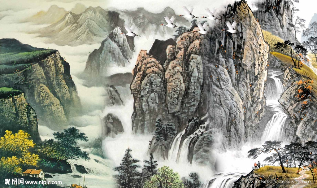 山水国画电视背景墙
