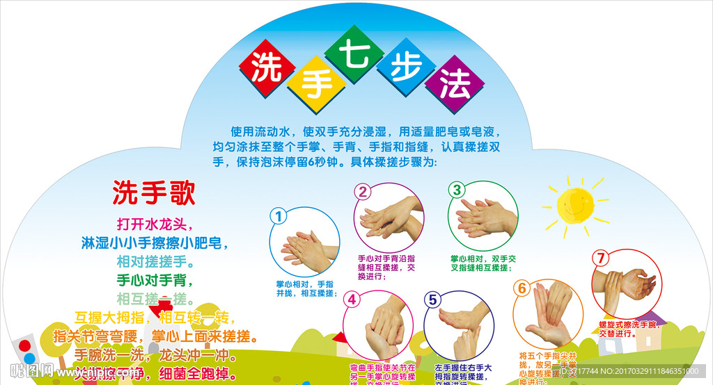 七步洗手矢量素材 幼儿洗手海报