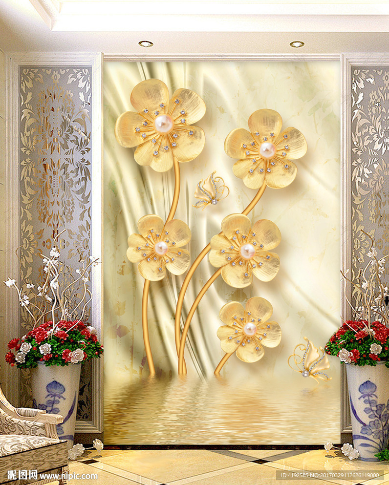 珠宝梅花水中倒影3D玄关背景墙