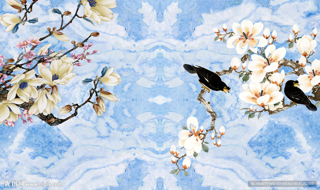 花鸟兰花蓝色玉石背景墙