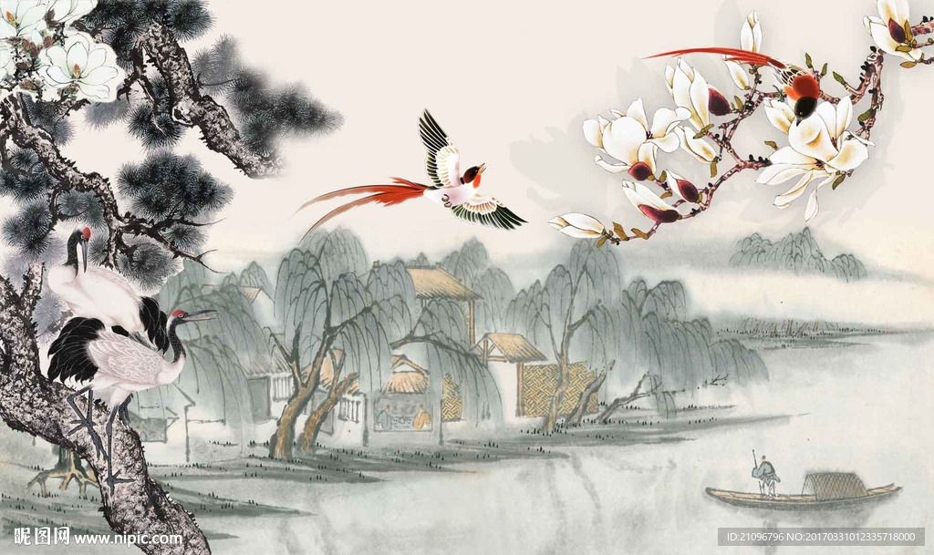 国画花鸟背景墙