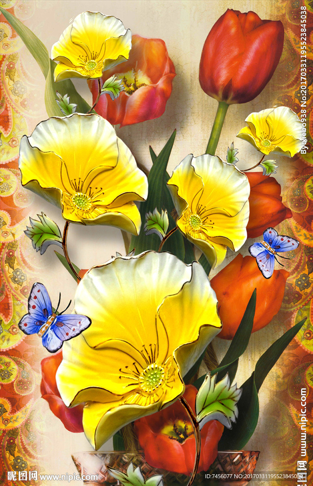 小黄花欧式花卉立体玄关壁画