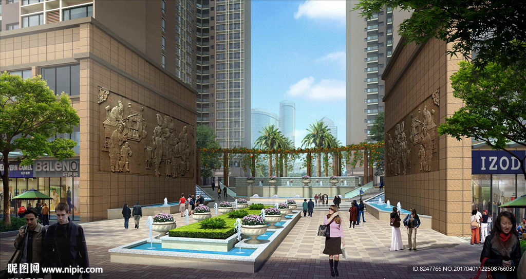 商业住宅区内景喷泉景观效果图