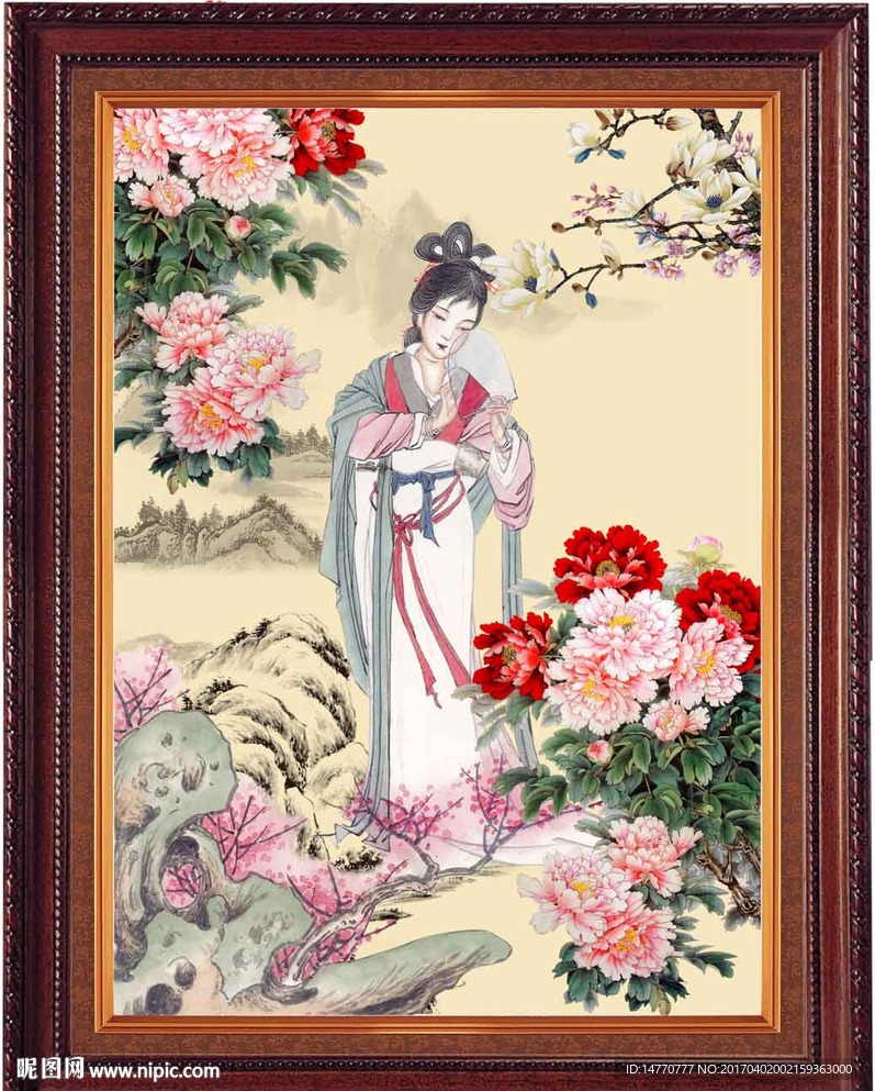 国画牡丹 仕女图