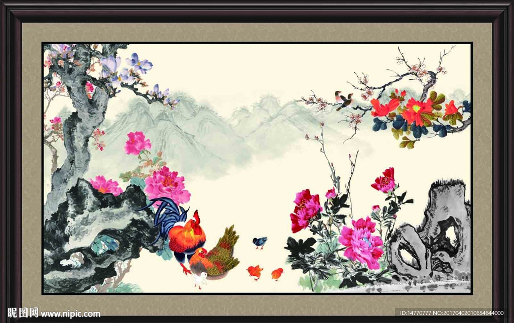 国画牡丹 公鸡