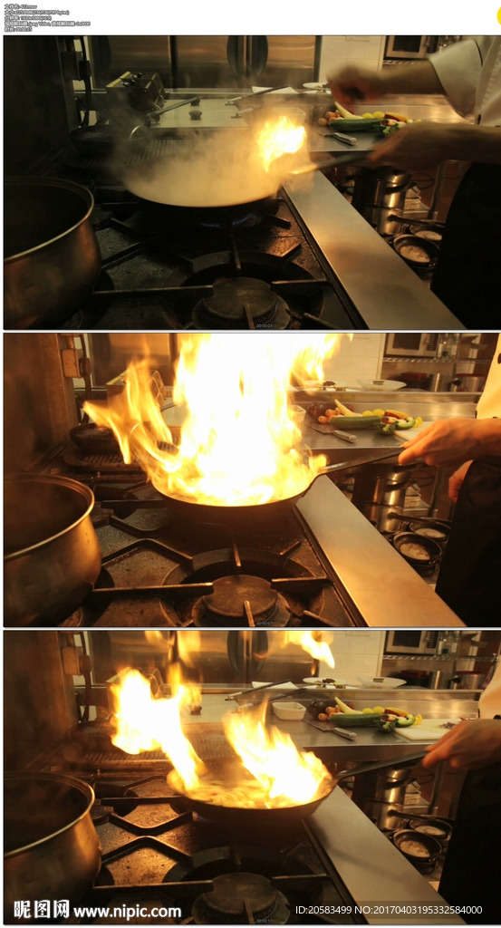 厨师做饭锅里燃烧的火焰