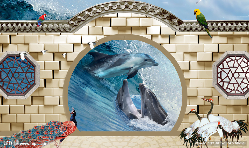 海豚之恋仙鹤墙面背景墙