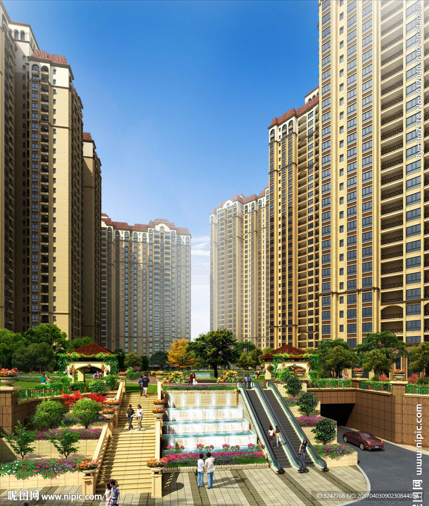 高层住宅入口鸟瞰景观建筑效果图