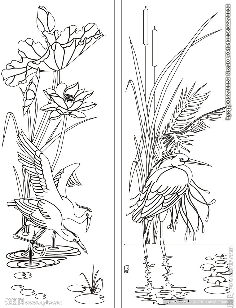 仙鹤移门缕空玻璃雕刻刻绘图案