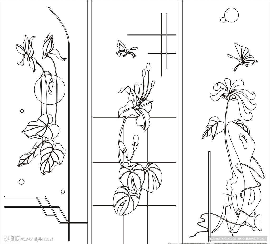 花草移门缕空玻璃雕刻刻绘图案