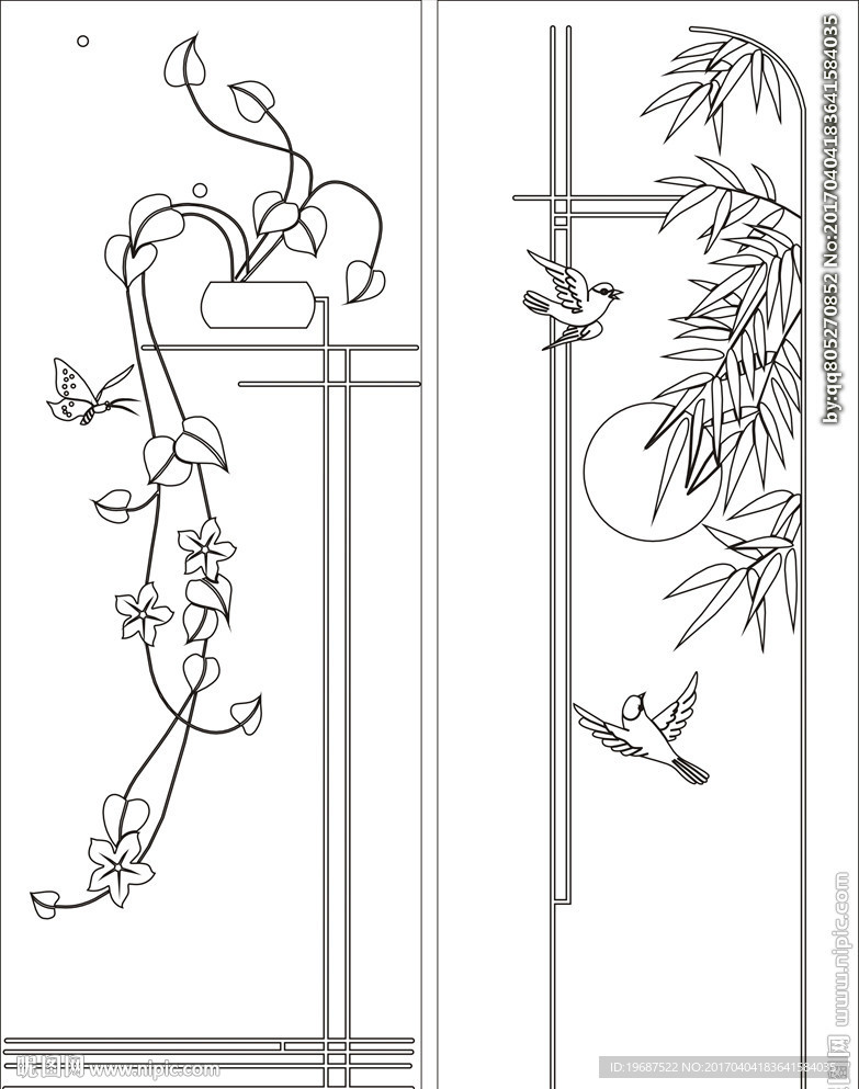 花草竹移门缕空玻璃雕刻刻绘图案