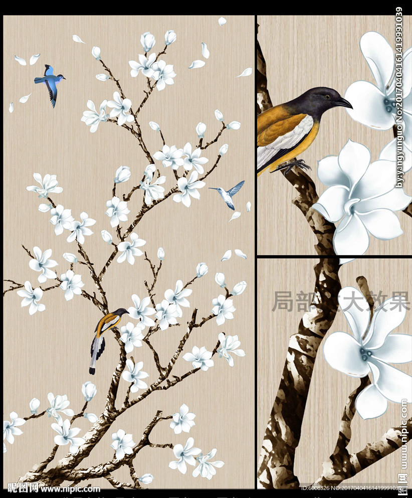中式工笔花鸟玉兰花壁画壁布真丝