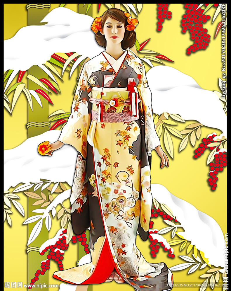 和服少女插画分层图片