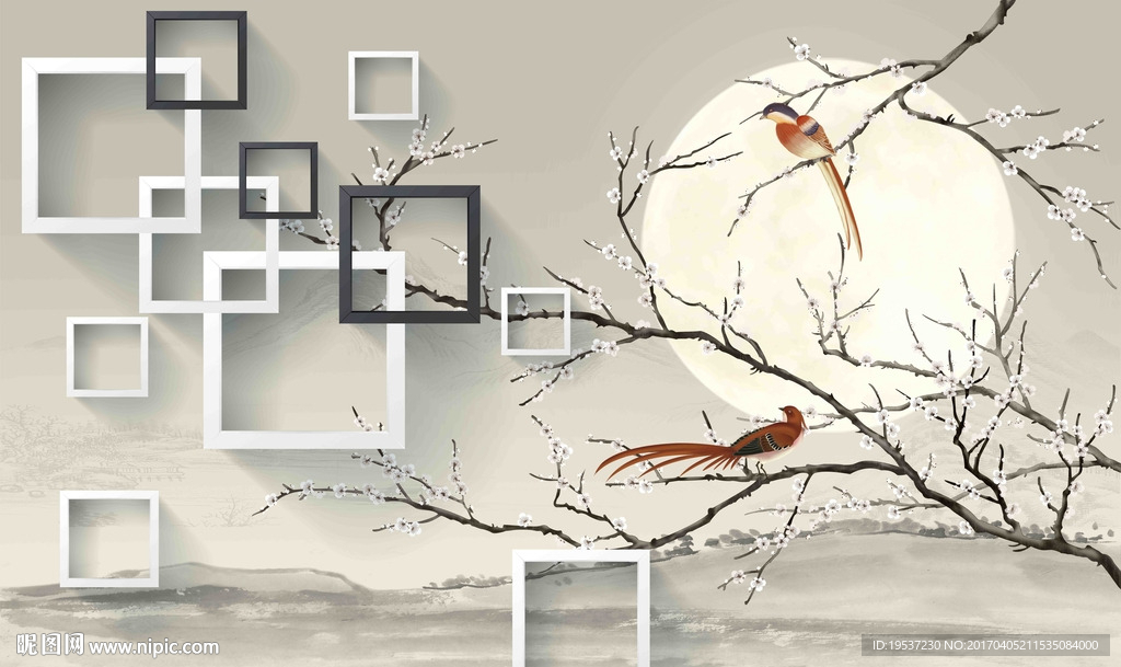 朴素月夜花鸟画