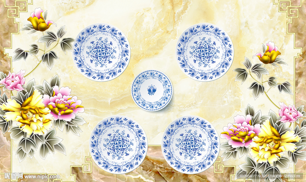 青花瓷牡丹花中式背景墙