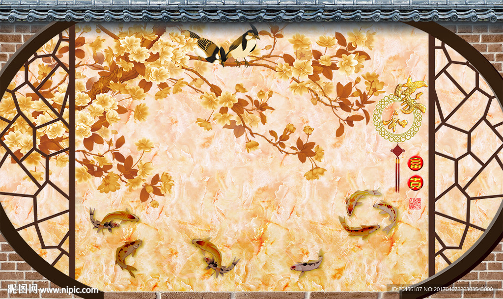 3D大理石花鸟背景墙