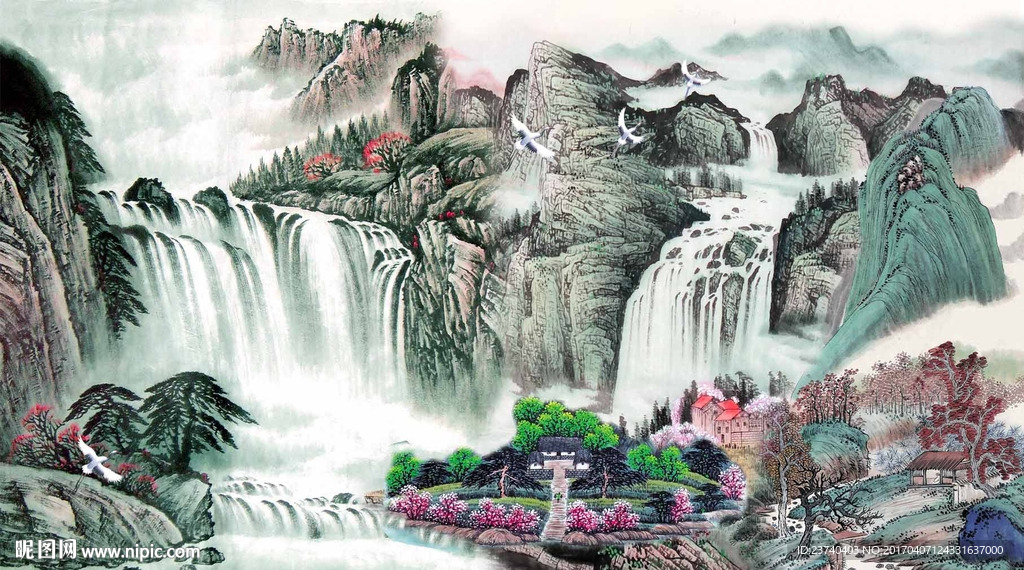 山水国画电视背景墙
