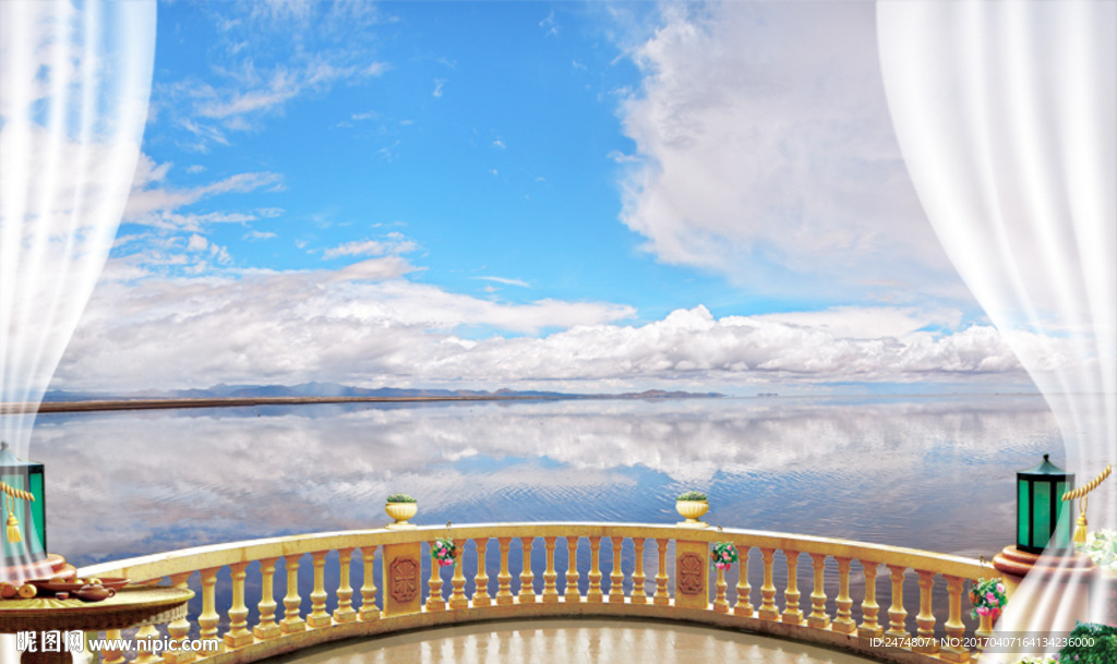 3D立体窗台阳台自然风景背景墙