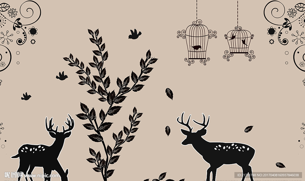 简约小树麋鹿电视背景墙