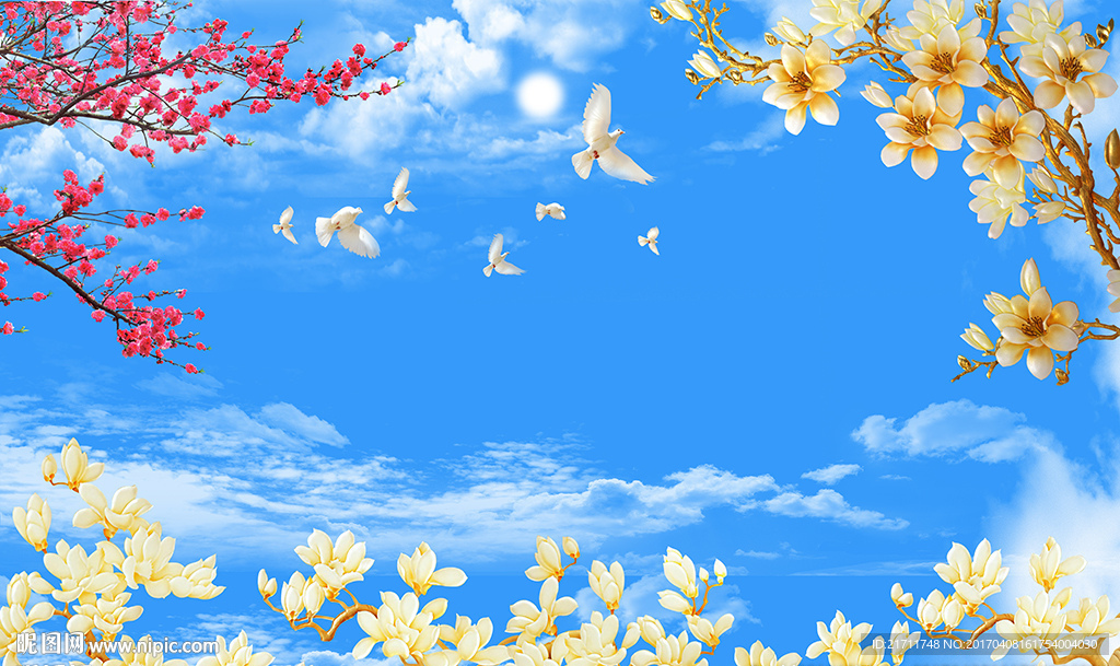 现代花卉蓝天白云电视背景墙