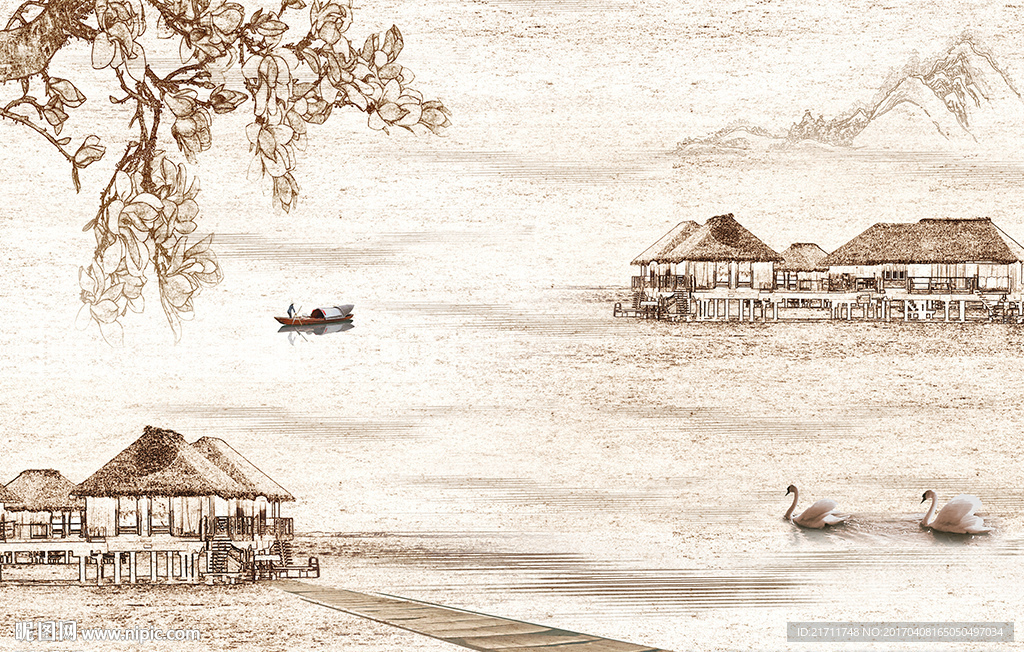 中式山水画小河小屋电视背景墙