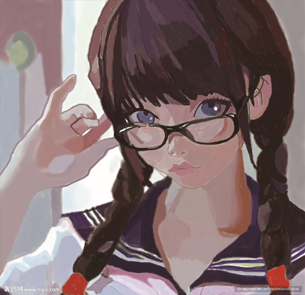手绘戴眼镜的小女孩