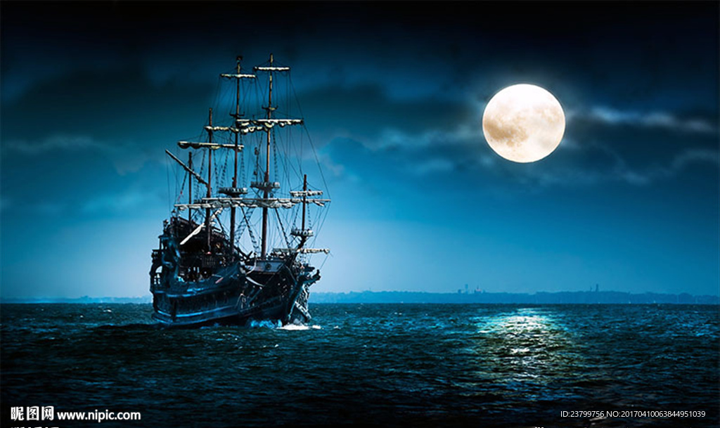 海中升明月唯美商船背景墙装饰画