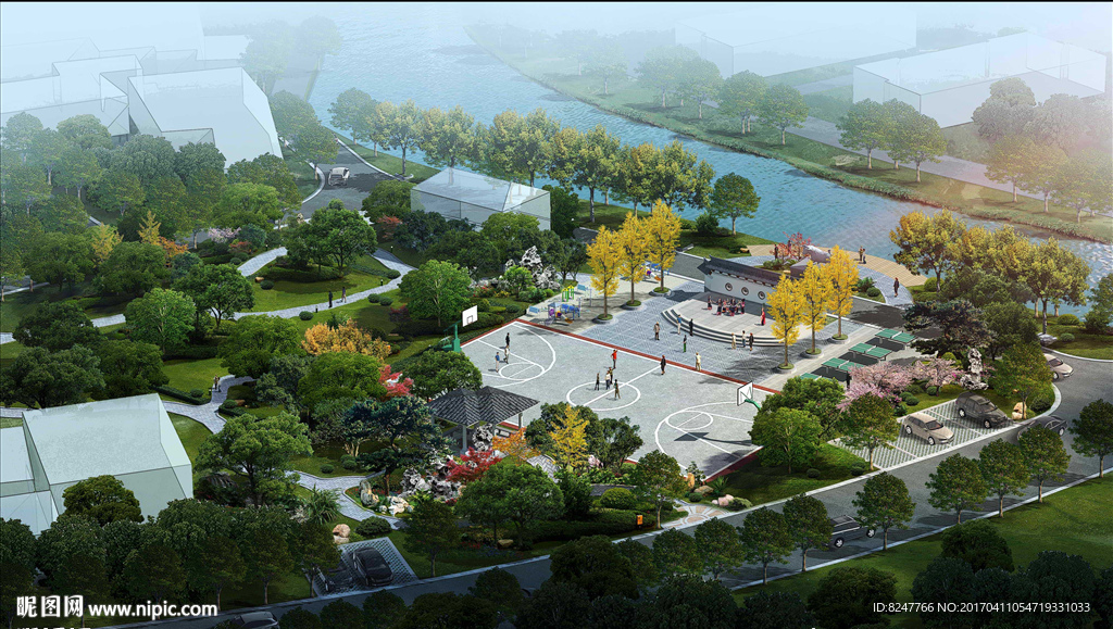 公园篮球场鸟瞰建筑效果图