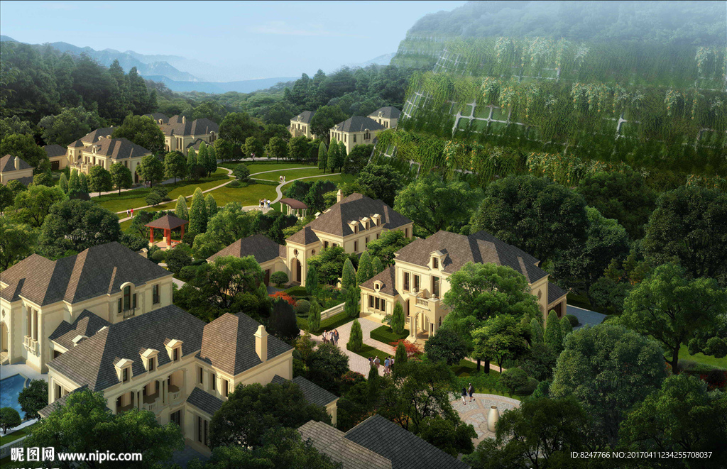 别墅区鸟瞰建筑效果图