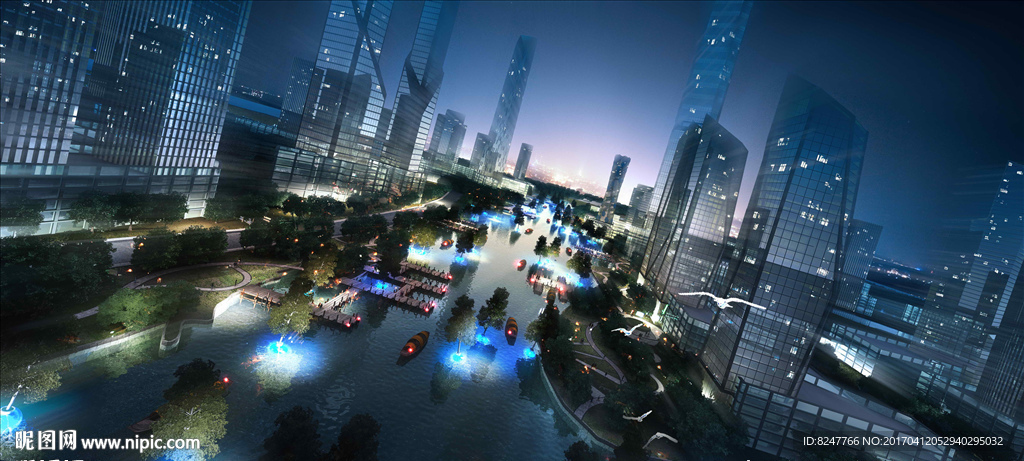 繁华城市夜景鸟瞰建筑效果图