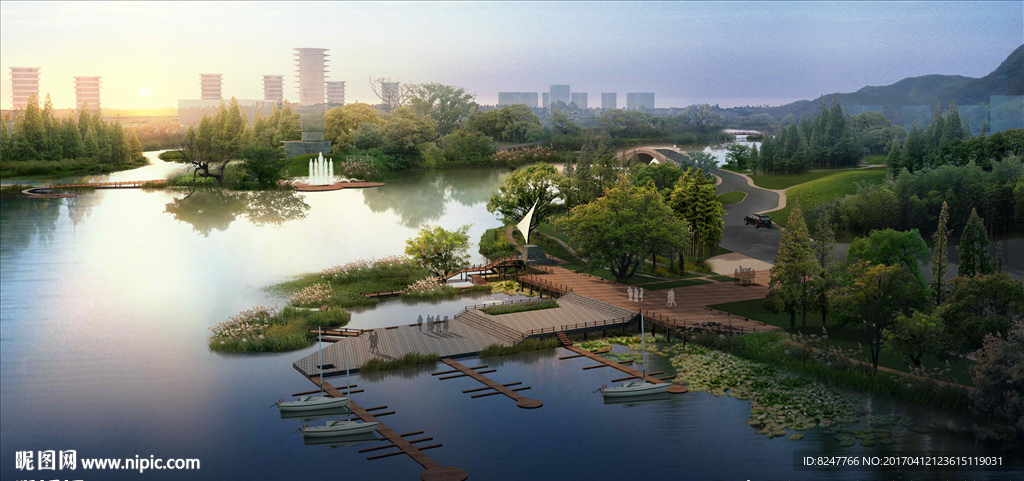 城市湿地公园鸟瞰建筑效果图