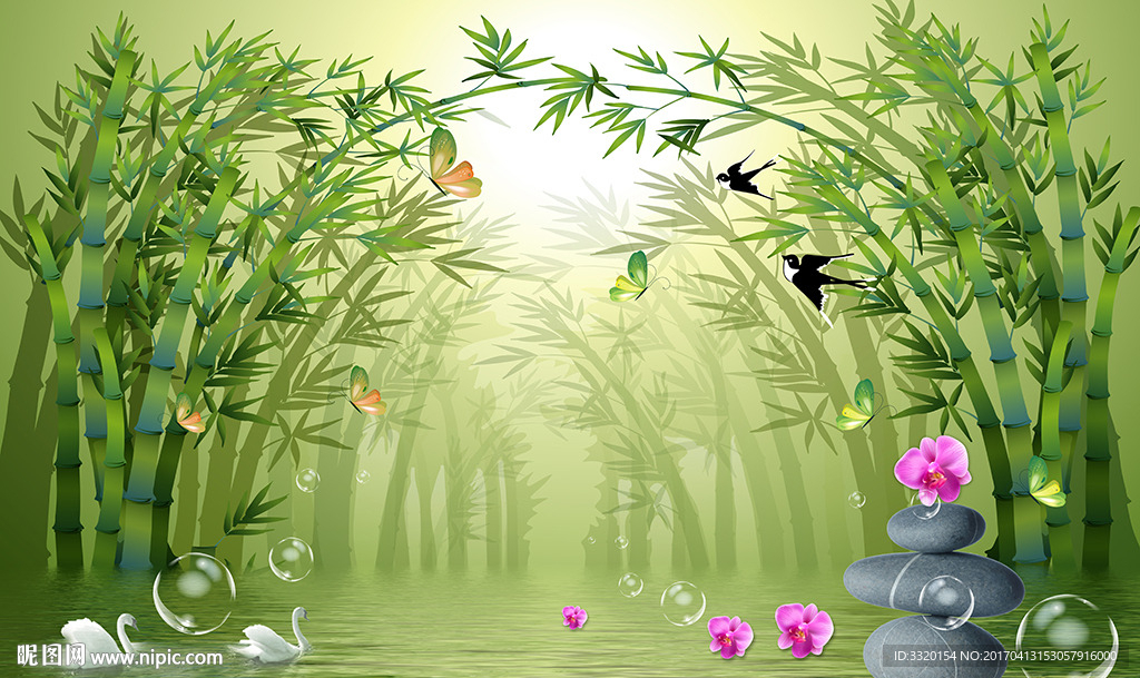 清新3D竹子花鸟水纹鹅石子电视