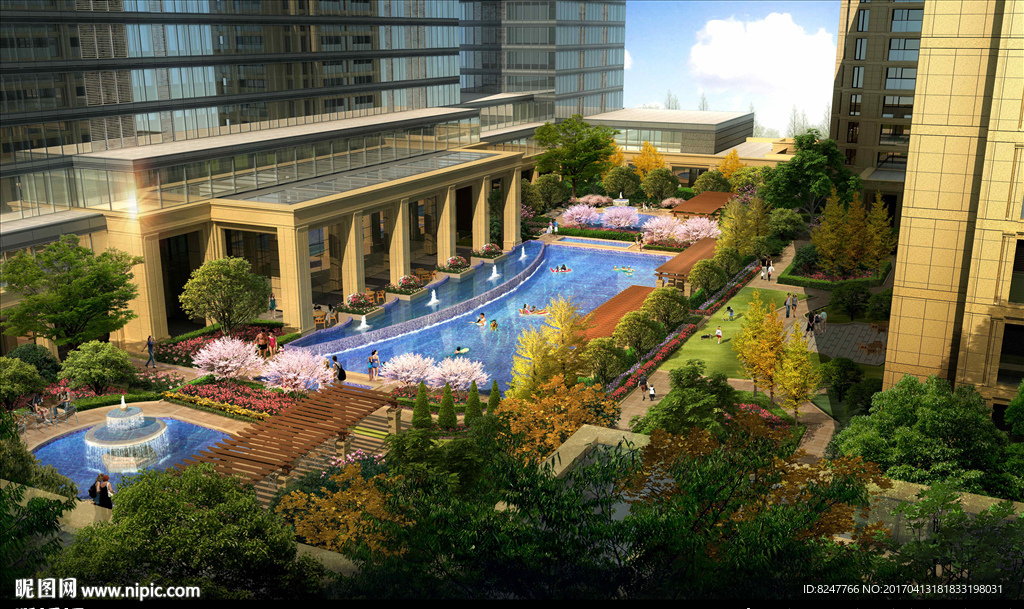 住宅区鸟瞰游泳池景观效果图