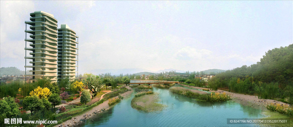河道美景高层住宅建筑效果图