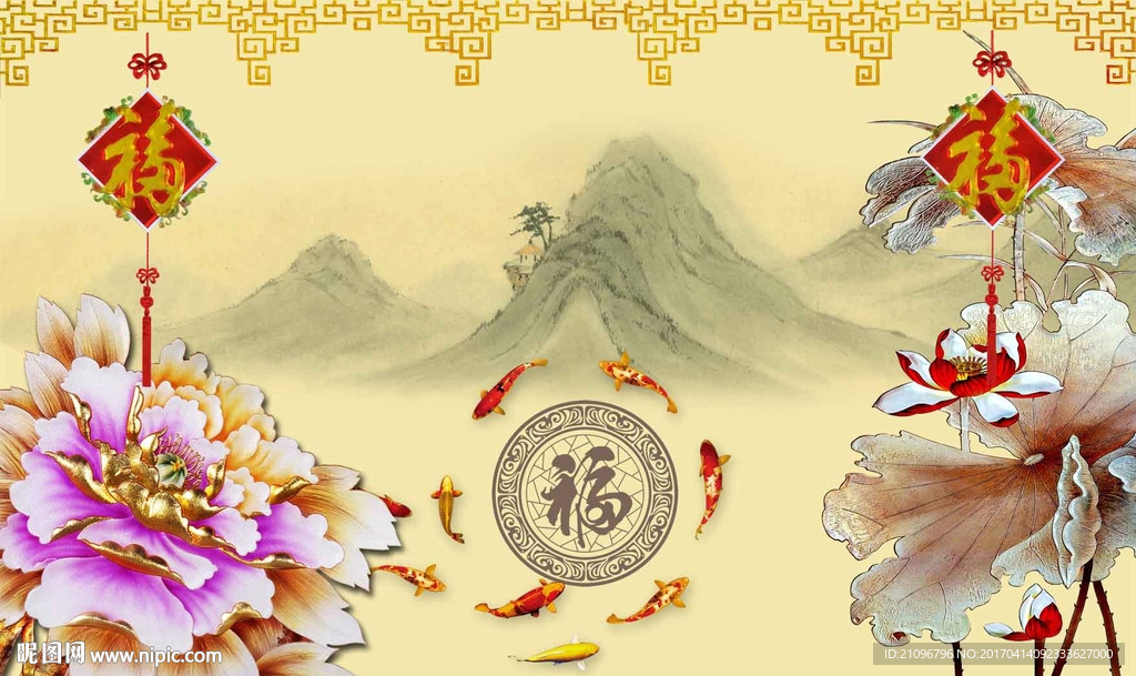 彩雕荷花背景墙