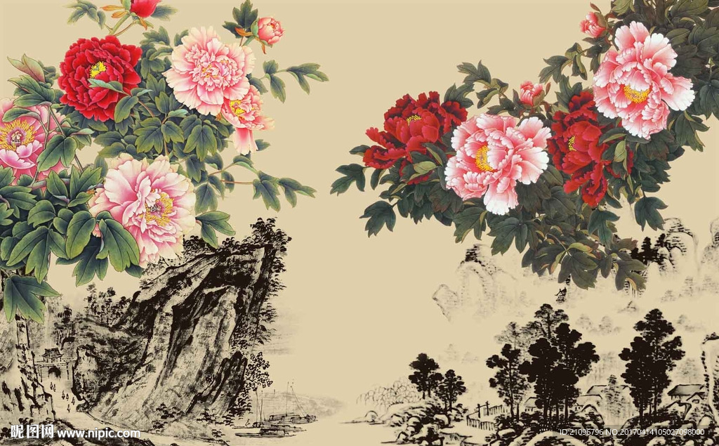 国画牡丹背景墙