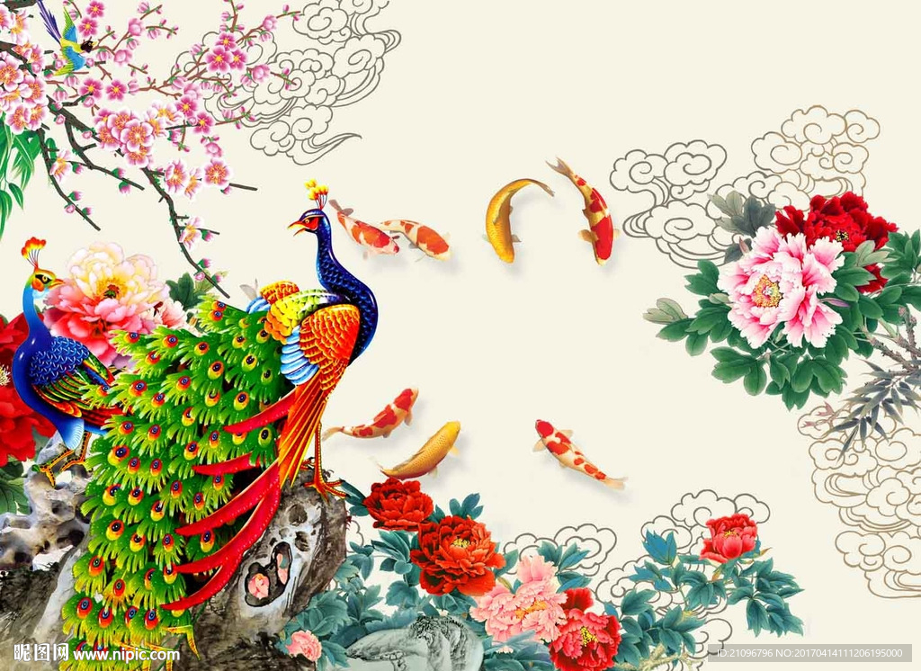 牡丹孔雀背景墙