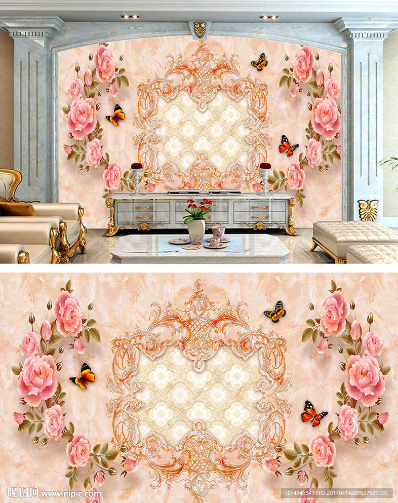 满堂富贵牡丹花大理石纹背景墙